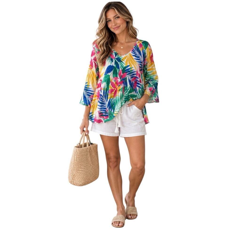 Floral and Ivy Women's Size Small S Multi Color Tropical 3/4 Sleeve Blouse Top